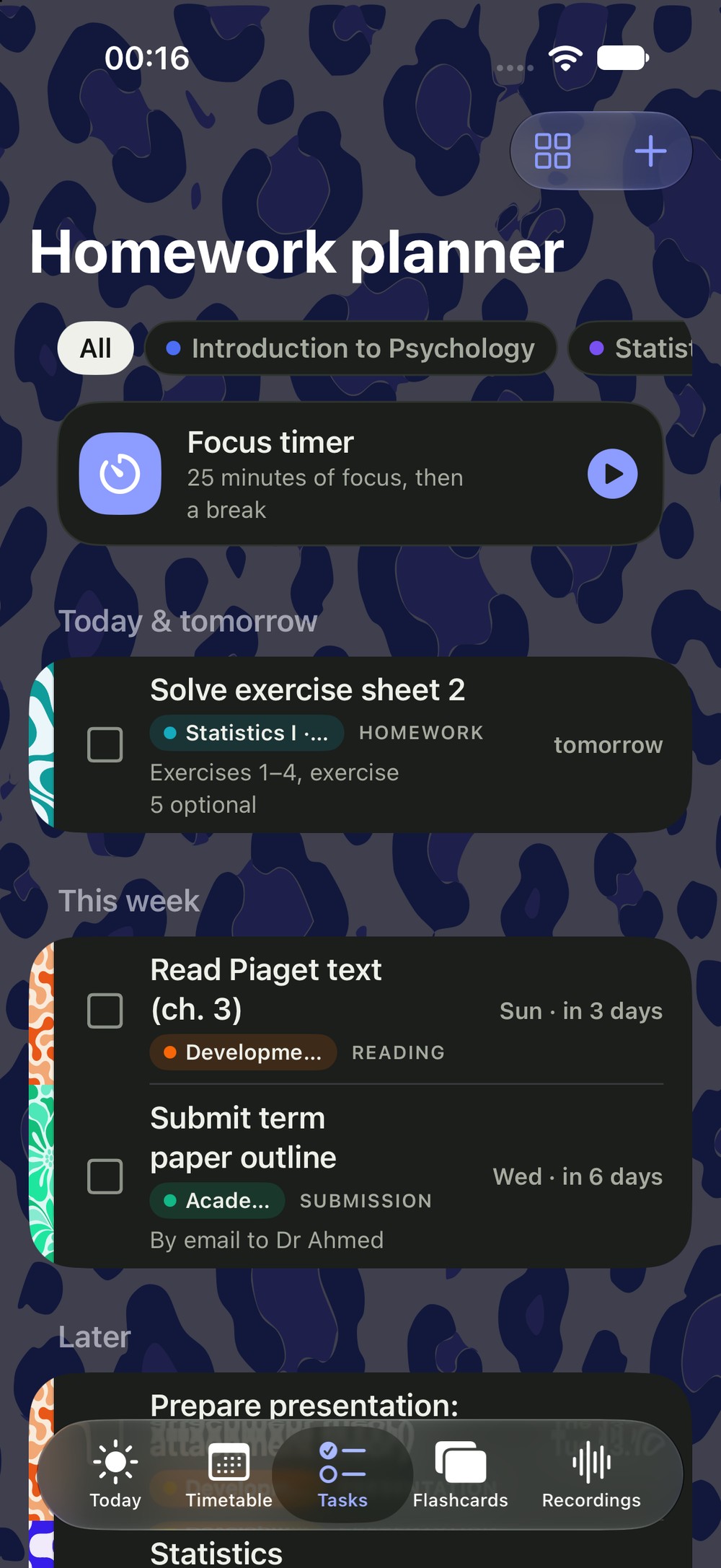 Homework list sorted by due date