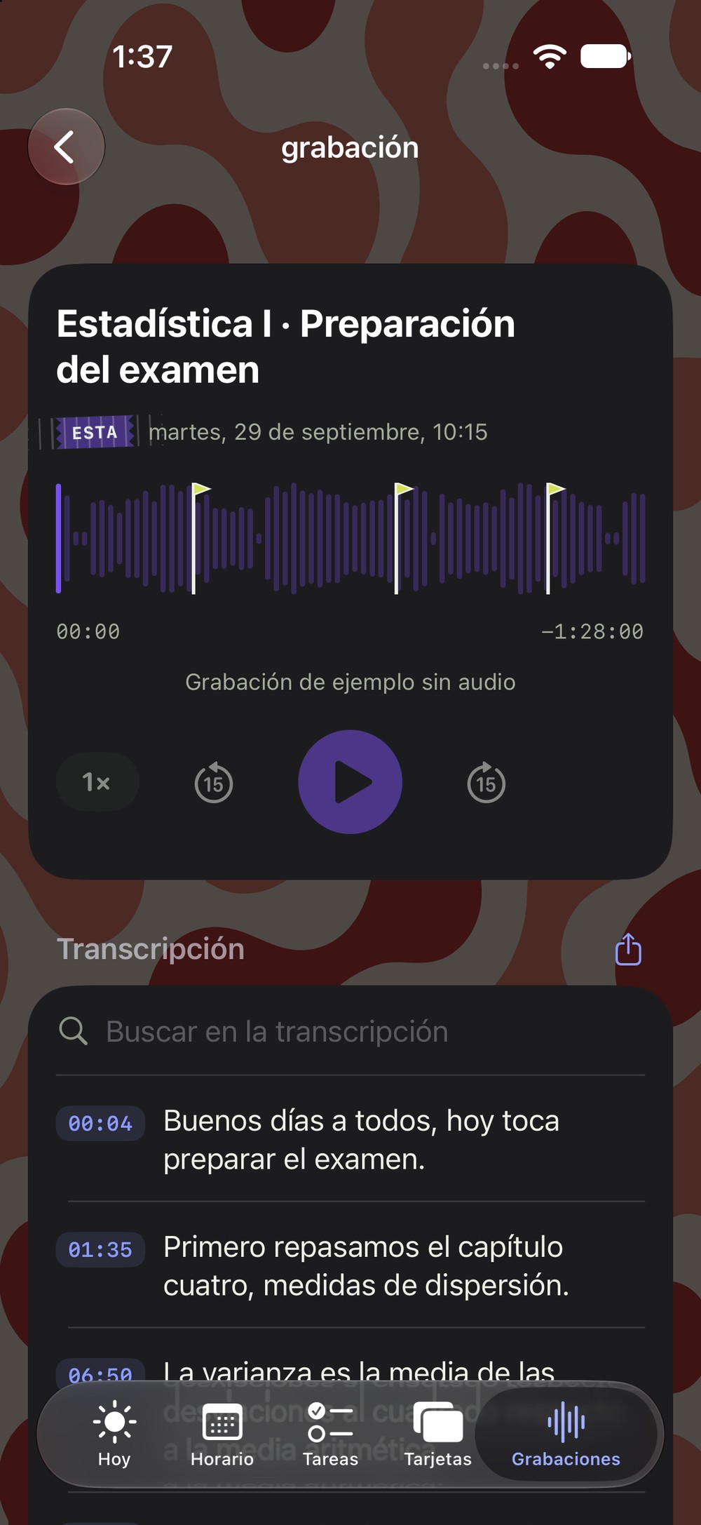 Grabación con tres marcas de examen en la onda
