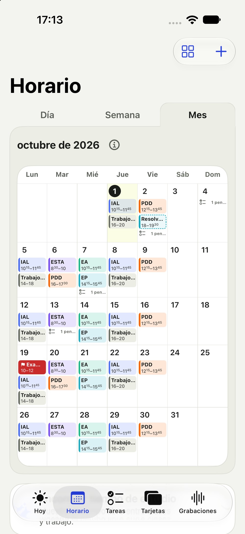 Vista mensual con todas las clases y horas