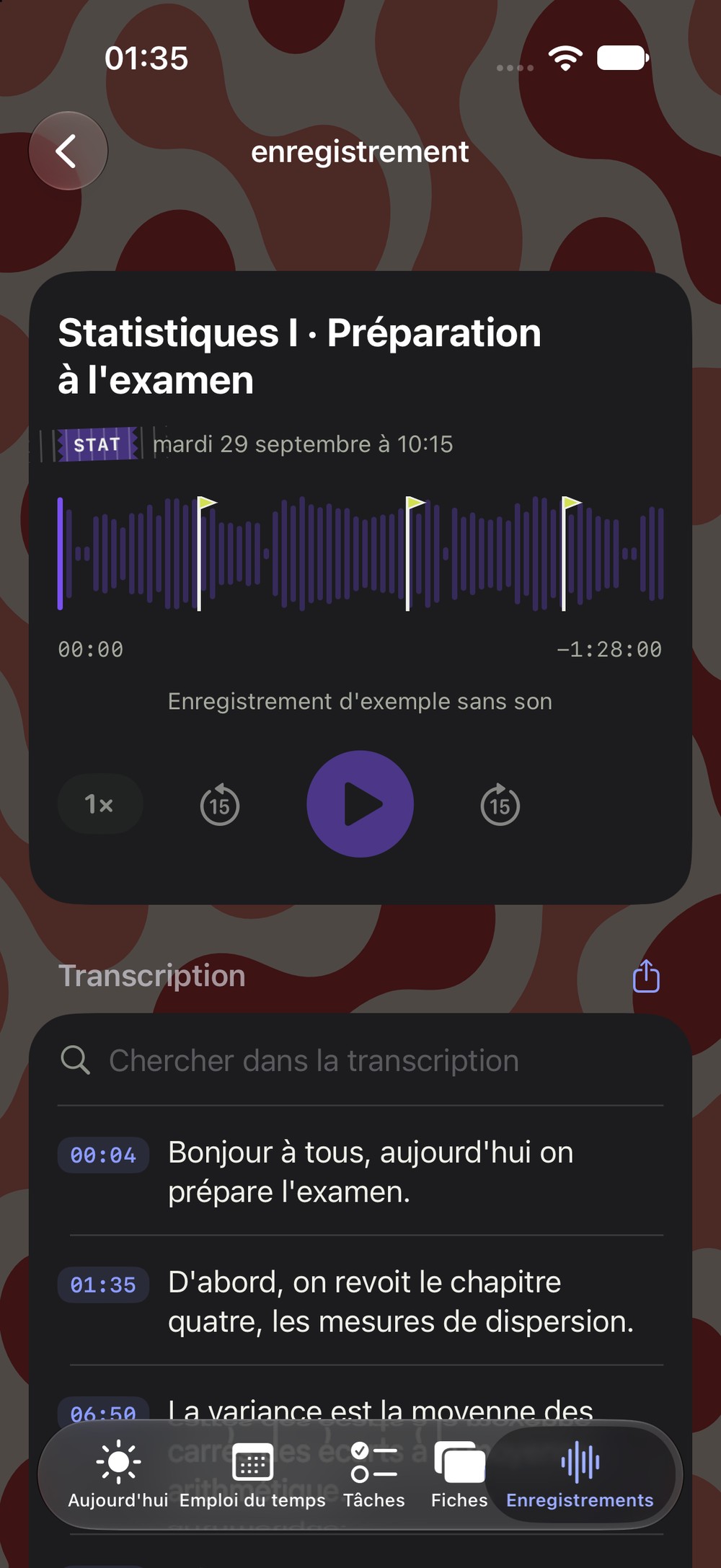 Enregistrement avec trois repères d'examen sur l'onde