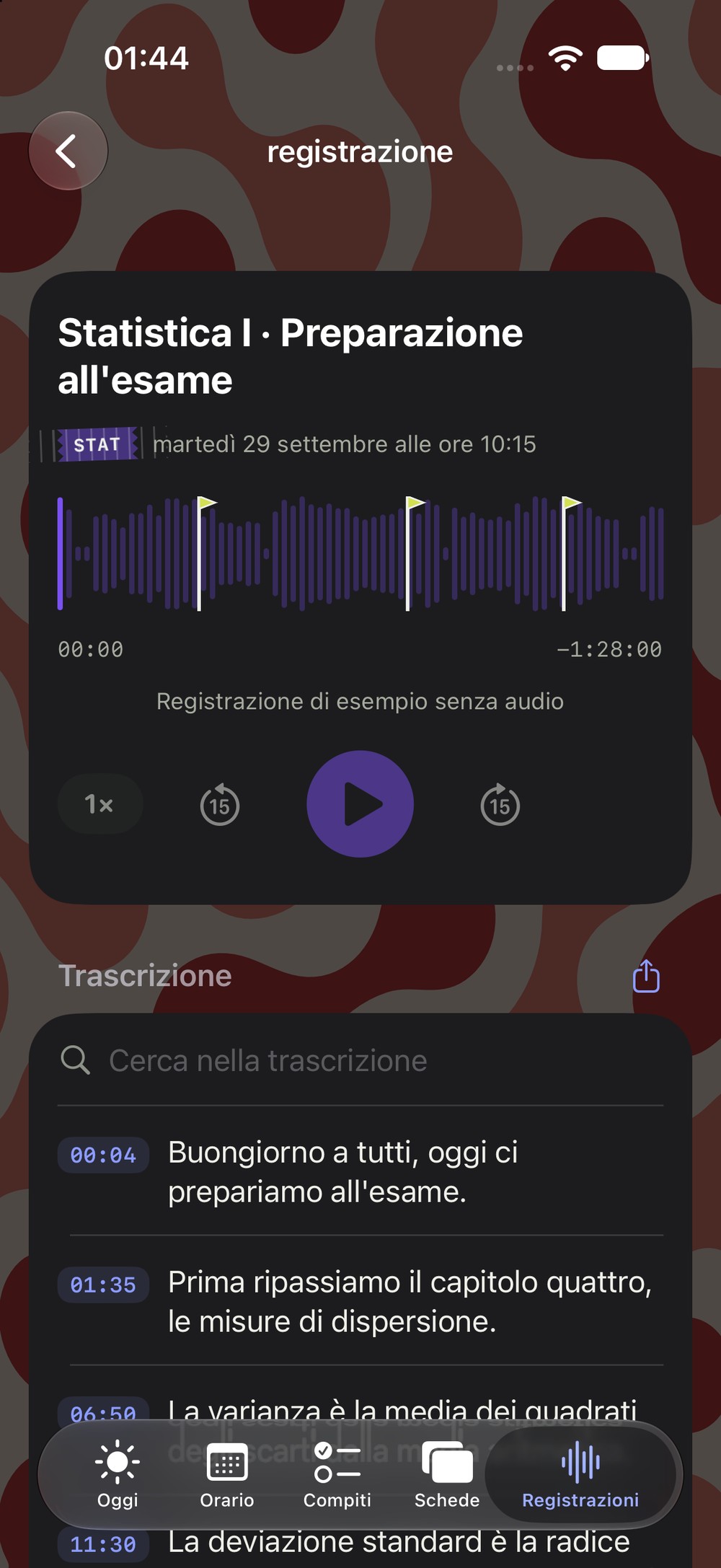 Registrazione con tre segni d'esame sull'onda