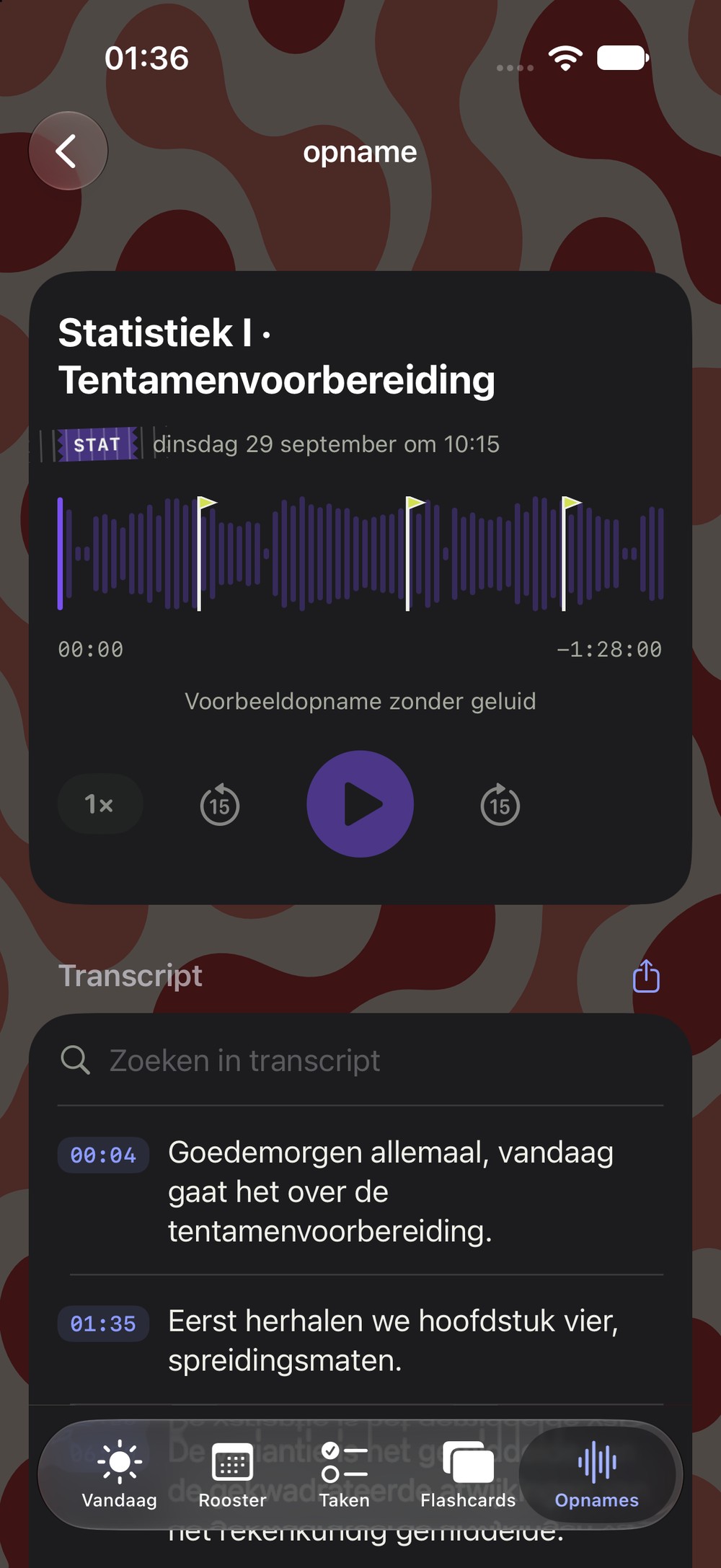 Opname met drie tentamenmarkeringen op de golfvorm
