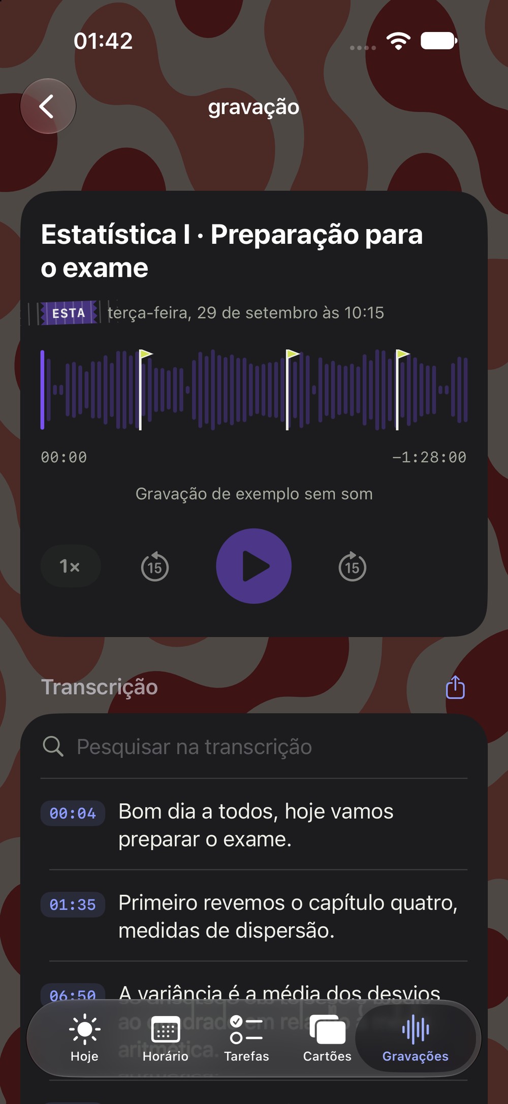 Gravação com três marcas de exame na onda