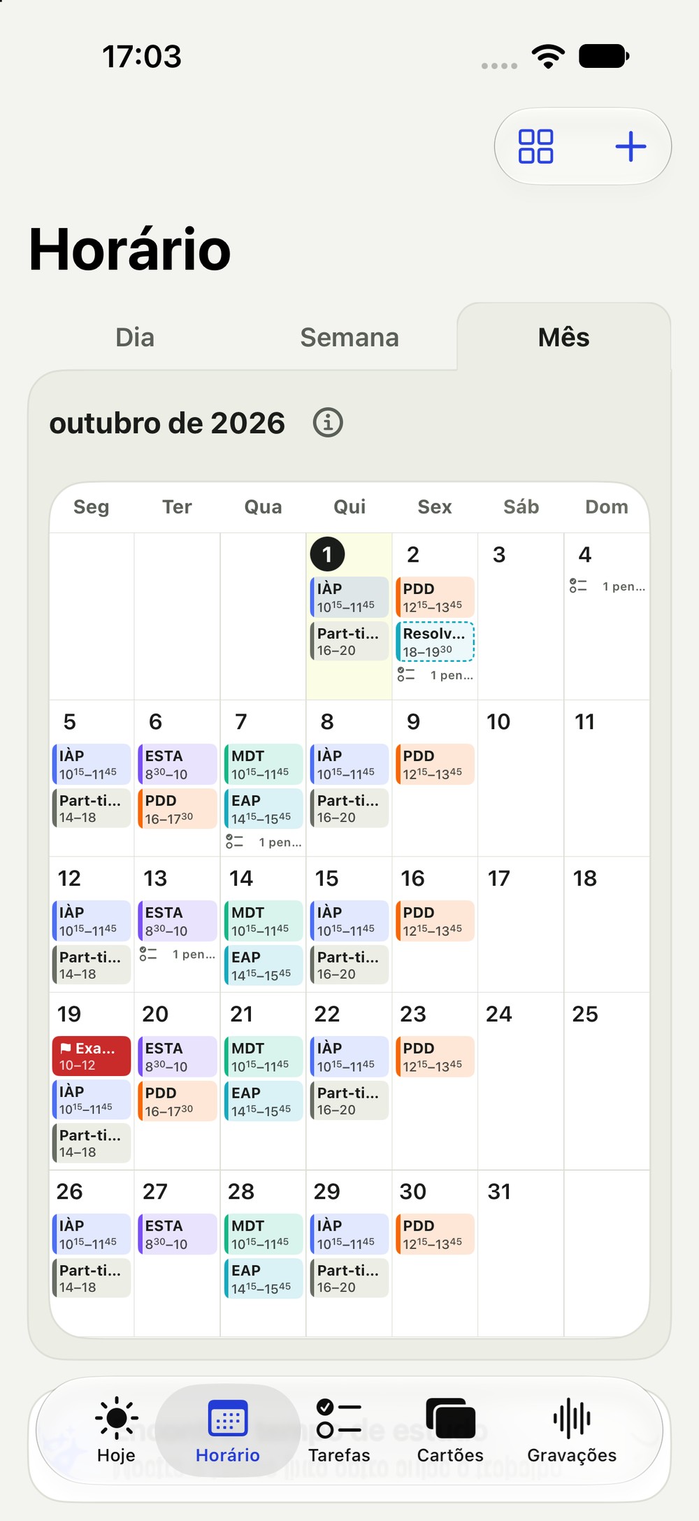 Vista mensal com todas as aulas e horas