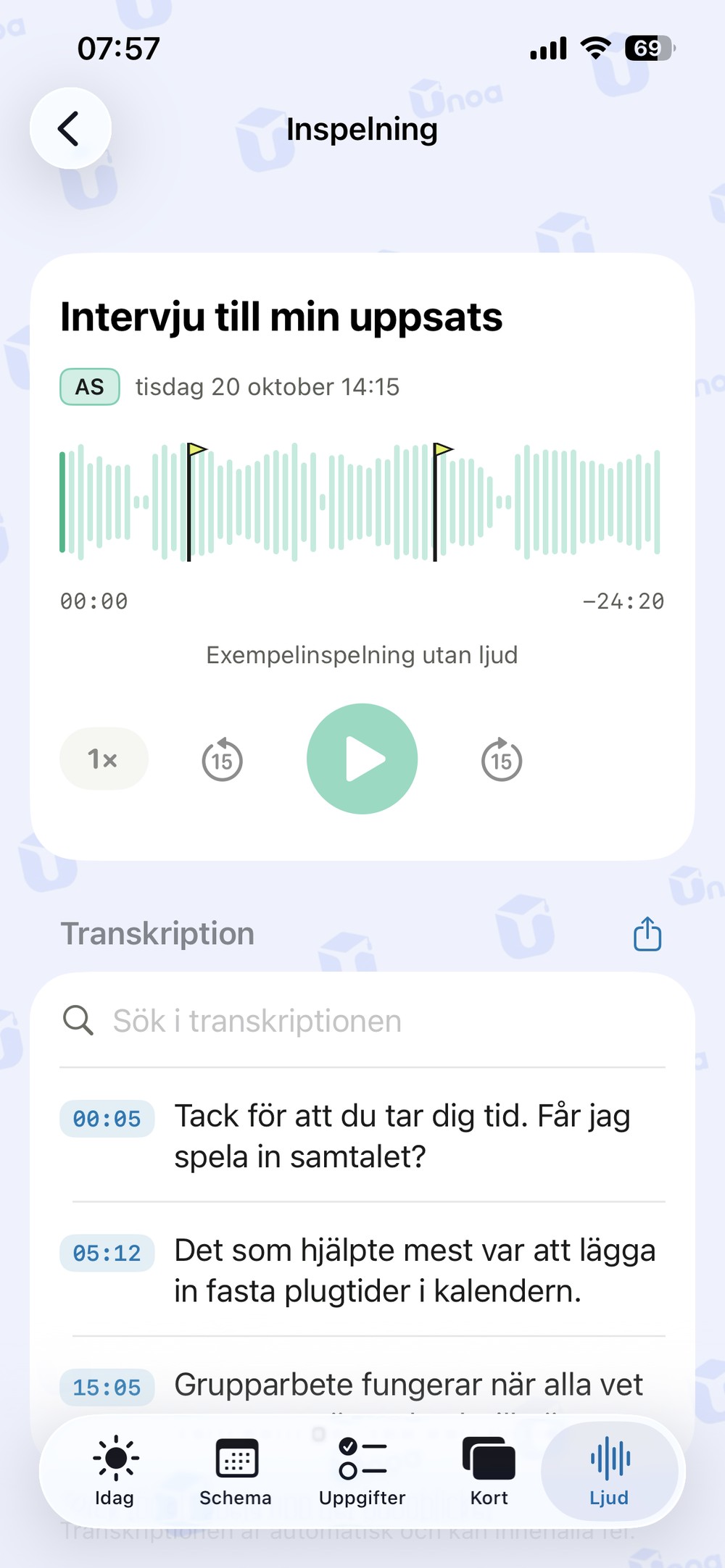 Inspelning med tre tentamarkeringar på vågformen